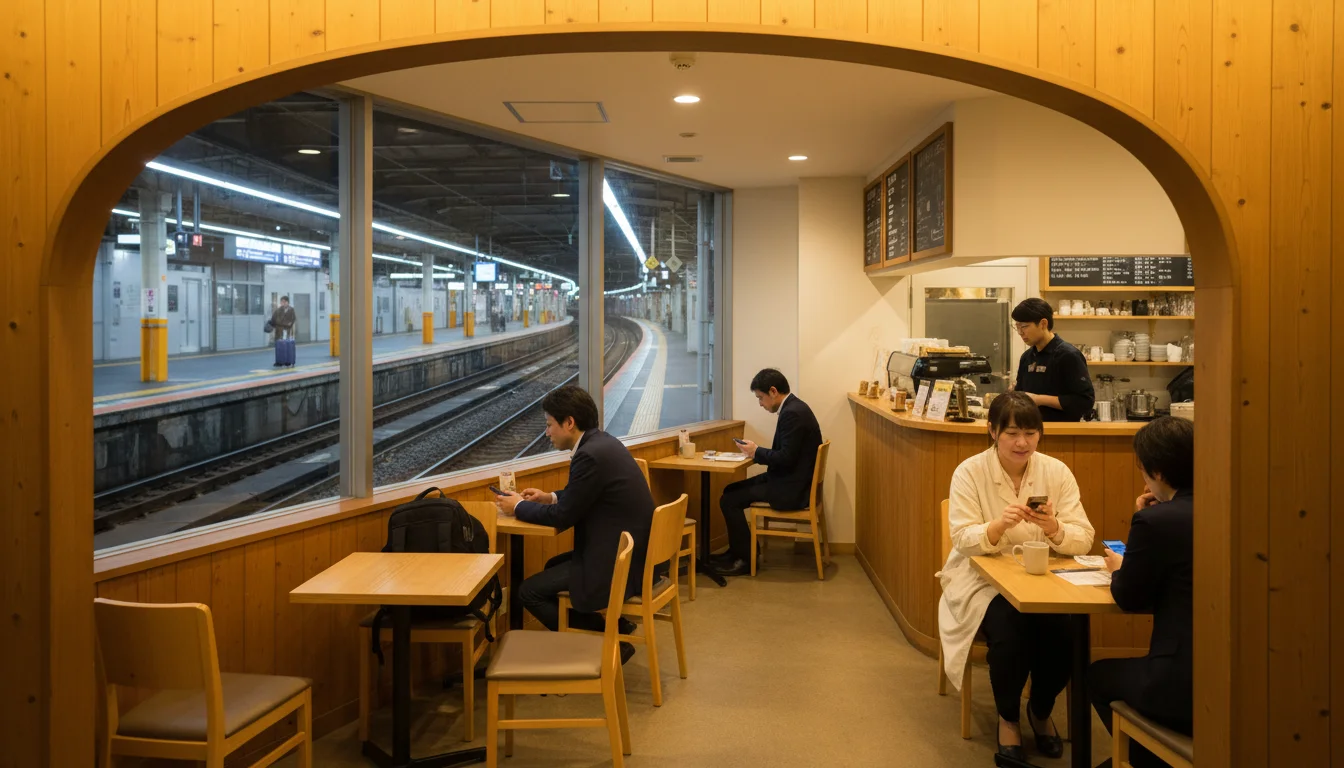 JR鶴崎駅構内にあるカフェの入口と木のカウンター