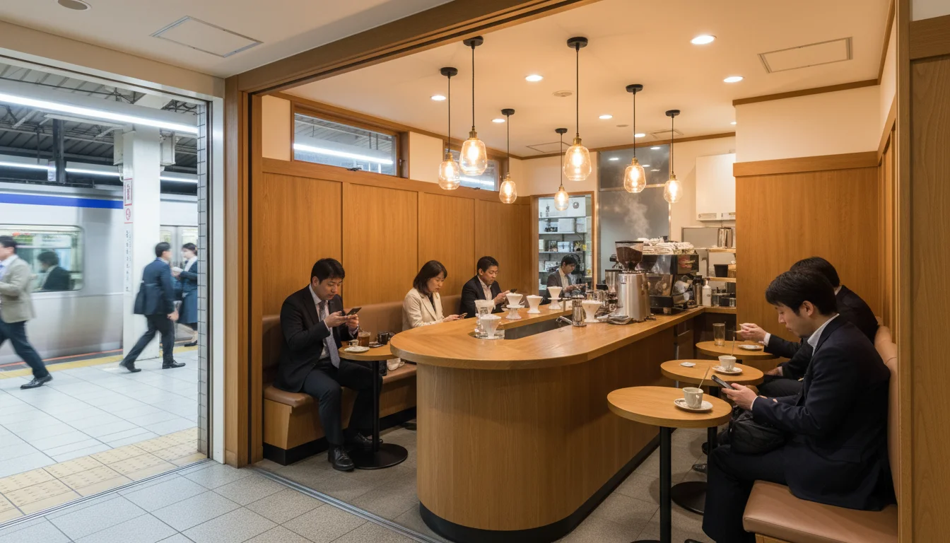 夕方の明るい店内全景、木製カウンターとテーブル席に温かな照明が灯る様子