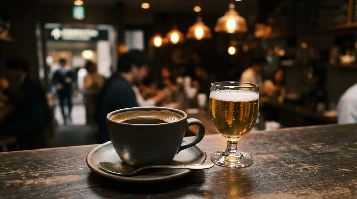 木のカウンターに並ぶコーヒーカップと小皿、奥に駅構内の明かりが見える夕方の店内