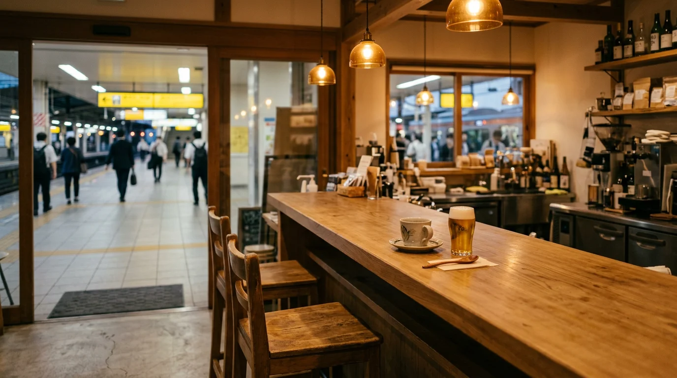 夕方のJR鶴崎駅構内にある木のカウンター席とコーヒーカップ、奥に見える駅通路
