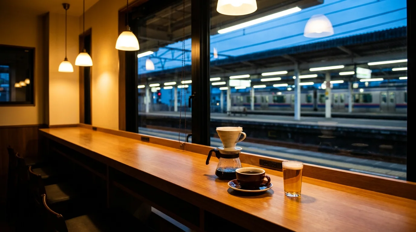 JR鶴崎駅構内に面したカフェの入口と木のカウンター、店内に並ぶ丸椅子