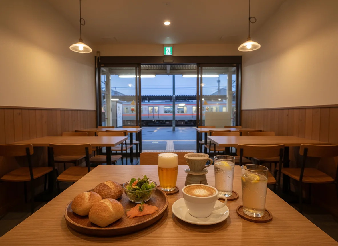 白いカップに注がれたコーヒーと木のテーブルに置かれた小さな焼き菓子