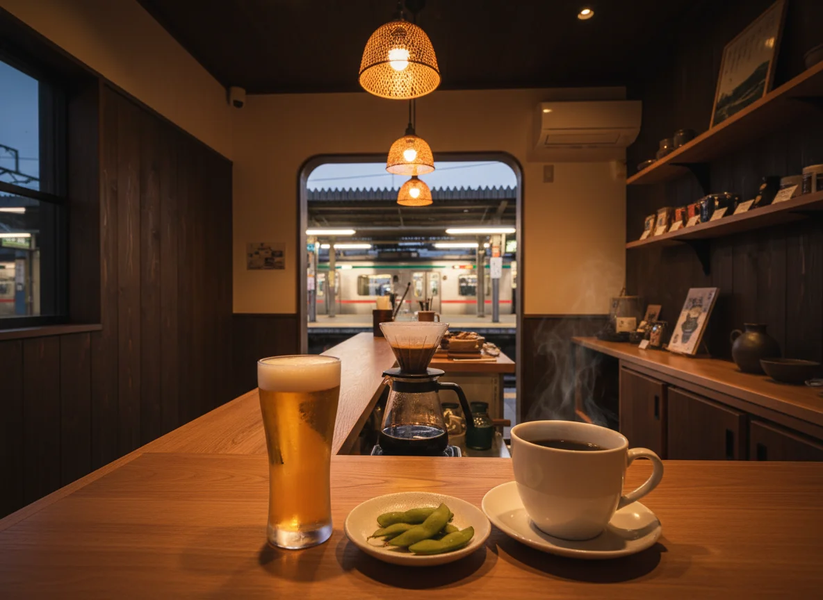 小皿の軽いおつまみと控えめに注がれた飲み物、木製カウンターの手元