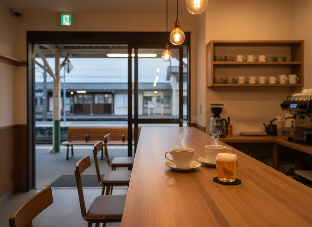 駅構内のカフェのカウンターで飲み物を受け取る仕事帰りの人の横顔